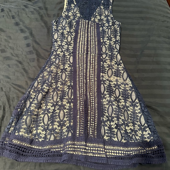 Navy Lace Dress with Nude Underlay - Picture 2 of 3